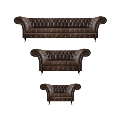 Braun Chesterfield Ledercouchen Wunnzëmmer Sofagarnitur Komplette Set.