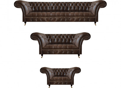 Braun Chesterfield Ledercouchen Wunnzëmmer Sofagarnitur Komplette Set.