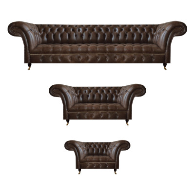 Braune Chesterfield Liederzittegersetz Wunnzëmmer 4-Sëtzer Zweisëtzer Fauteuil