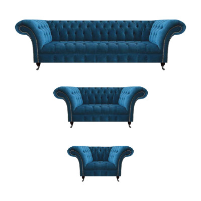 Modern Bloe Chesterfield Polster Sitzmiwwel Luxus 4-Sëtz-Stull.