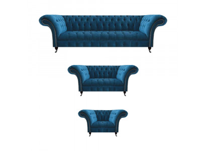 Modern Bloe Chesterfield Polster Sitzmiwwel Luxus 4-Sëtz-Stull.
