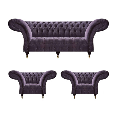 Lila Chesterfield Polsterset Wunnzëmmer 3-Sëtzer Designer 2x Fauteuil
