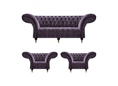 Lila Chesterfield Polsterset Wunnzëmmer 3-Sëtzer Designer 2x Fauteuil