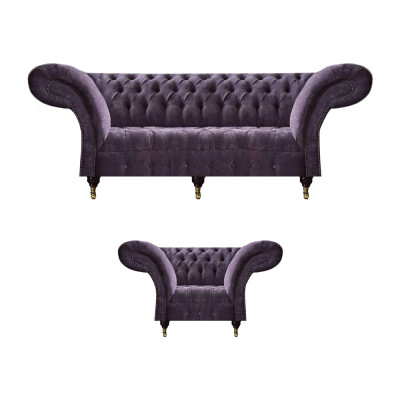 Lila Chesterfield Wunnzëmmer Stoffcanapéë Polstermöbel 2 Stéck Luxus Set
