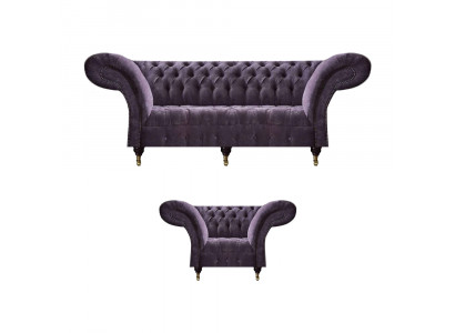 Lila Chesterfield Wunnzëmmer Stoffcanapéë Polstermöbel 2 Stéck Luxus Set