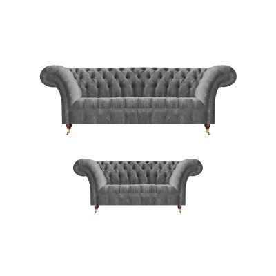 Wunnzëmmer Grau Chesterfield Canapéen Komplett Set 3-Sëtzer Zweisëtzer