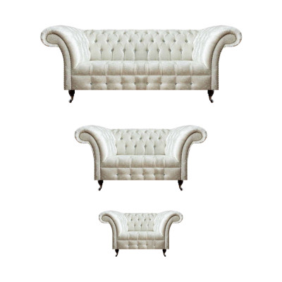 Wäiss Chesterfield Textilsofa Schlofzëmmer Sofagarnitur Designer Set 3-Teileg