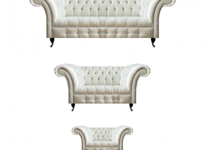 Wäiss Chesterfield Textilsofa Schlofzëmmer Sofagarnitur Designer Set 3-Teileg