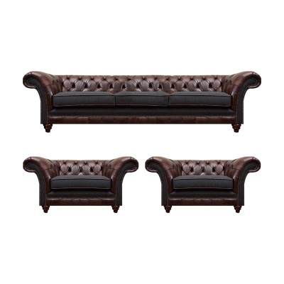 Braun-Gräif Chesterfield Sëtzgrupp 2x Liederstill 3-Sëtz 3-Teilig Set