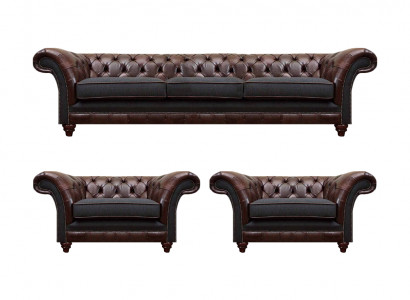 Braun-Gräif Chesterfield Sëtzgrupp 2x Liederstill 3-Sëtz 3-Teilig Set