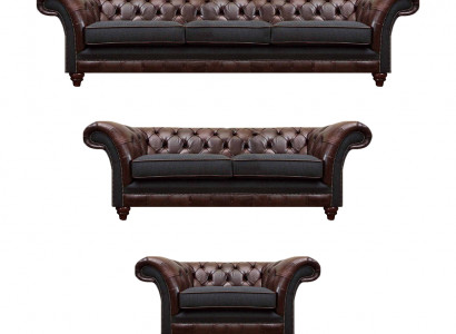 Chesterfield Braun-Grou Garnitur Ledersofaen Designer Komplett 3-Deel Set