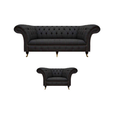 Chesterfield schwaarz Stoffgarnitur Designer 3-Sëtzer Polstersessel 2tlg