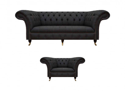 Chesterfield schwaarz Stoffgarnitur Designer 3-Sëtzer Polstersessel 2tlg