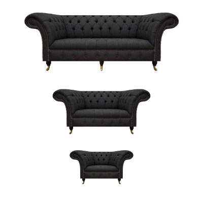 Chesterfield Schwaarz Wunnzëmmer Canapé Komplett Garnitur 3tlg Set