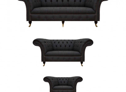 Chesterfield Schwaarz Wunnzëmmer Canapé Komplett Garnitur 3tlg Set