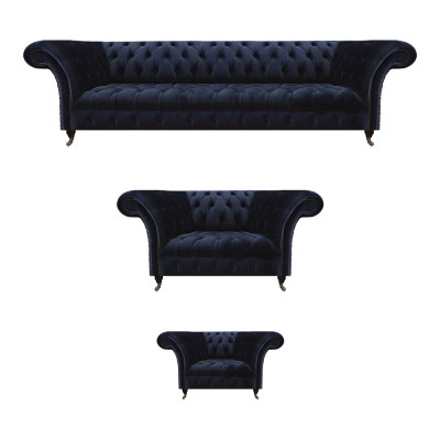 Wunnzëmmer Chesterfield Couchen Donkelblo Polster Garnitur 3 Deeler Set