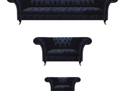 Wunnzëmmer Chesterfield Couchen Donkelblo Polster Garnitur 3 Deeler Set