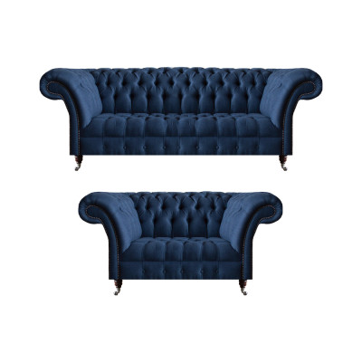 Blo Chesterfield Sofagarnitur Stoff Canapéen Drësëtz Zwéisëtz 2 Deeler.