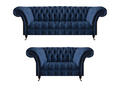 Blo Chesterfield Sofagarnitur Stoff Canapéen Drësëtz Zwéisëtz 2 Deeler.