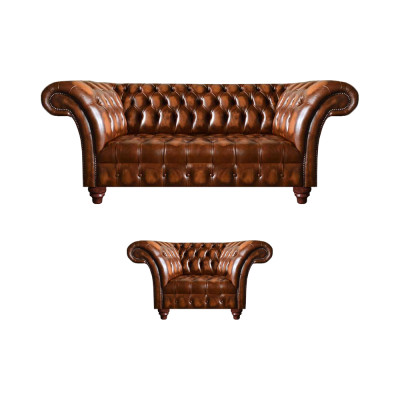 Luxuriéis Chesterfield Wunnzëmmer Sëtzgruppe Ledersessel 3-Sëtzer 2 Deeler.