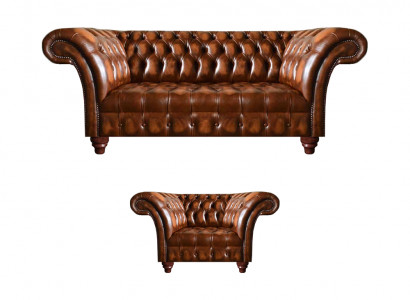 Luxuriéis Chesterfield Wunnzëmmer Sëtzgruppe Ledersessel 3-Sëtzer 2 Deeler.