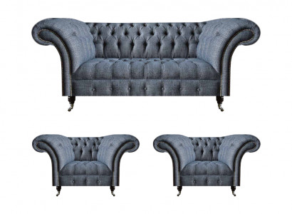 Chesterfield Garnitur Gro Stoff Sëtzmiwwel 2x Lehsessel Dräisëtzer