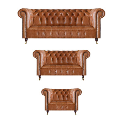 Braun Chesterfield Ledersofa Designer Wunnzëmmer Couchen Miwwele 3tlg