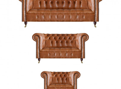 Braun Chesterfield Ledersofa Designer Wunnzëmmer Couchen Miwwele 3tlg