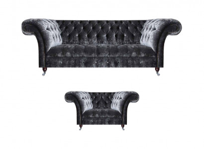 Chesterfield Polstermébel Wunnzëmmer Textil Drësëtzer Edle Fauteuil 2-Stéck