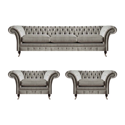 Modern Chesterfield Sëtzgrupp Textilsofaen Sesselen Polsterméiwel 3tlg