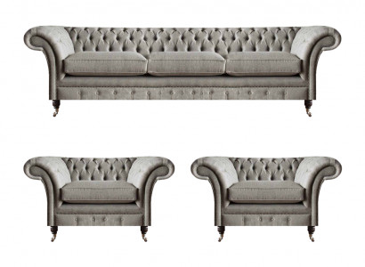 Modern Chesterfield Sëtzgrupp Textilsofaen Sesselen Polsterméiwel 3tlg