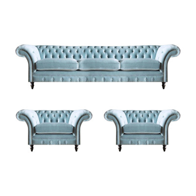 Chesterfield gepolstert Sitzmiwwelen Blo Sofagarnitur 3-Sëtzer 2x Fauteuil
