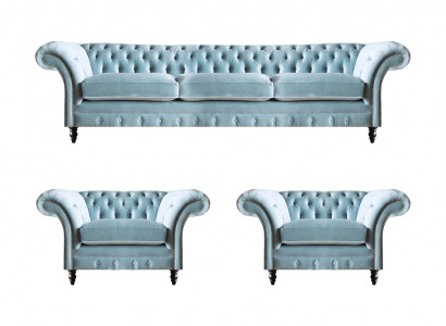 Chesterfield gepolstert Sitzmiwwelen Blo Sofagarnitur 3-Sëtzer 2x Fauteuil