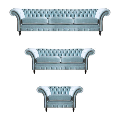 Luxuriéis Blo Chesterfield Polstersëtzer Dräisëtzer Leensessel 3tlg