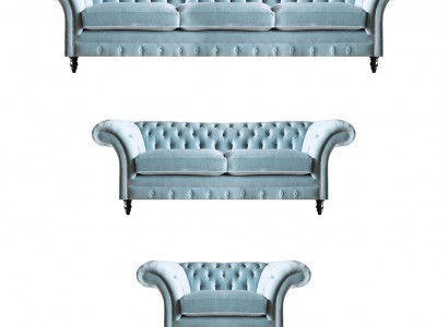 Luxuriéis Blo Chesterfield Polstersëtzer Dräisëtzer Leensessel 3tlg