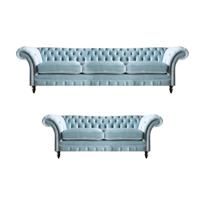 Stilvoll hellblo Chesterfield Designer Garnitur Dräisëtzer 2-Sëtzer