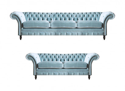 Stilvoll hellblo Chesterfield Designer Garnitur Dräisëtzer 2-Sëtzer