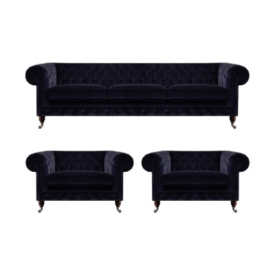 Blo Chesterfield Canapé-Set Designer 3-Sëtzer 2x Polstersessel 3-stéckeg