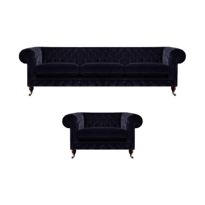 Luxuriéis Chesterfield Sofaen Donkelblo Textil Dräisëtzer Edele Still