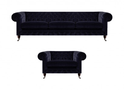 Luxuriéis Chesterfield Sofaen Donkelblo Textil Dräisëtzer Edele Still