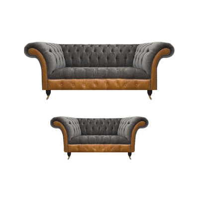Hellgrou-Brascht Chesterfield Sofa Set Edel Sëtzmiwwelen Modern Garnitur