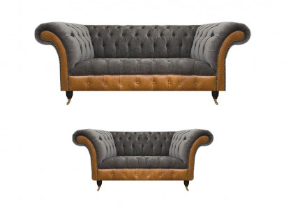 Hellgrou-Brascht Chesterfield Sofa Set Edel Sëtzmiwwelen Modern Garnitur