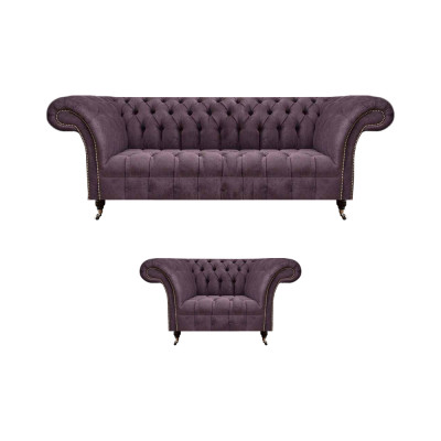 Chesterfield Lila Wunnzëmmer Couch-Garnitur Edelen 3-Sëtzer Textil Fauteuil