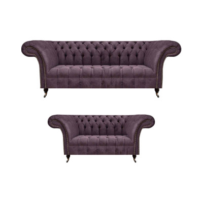 Komplett Chesterfield Lila Sëtzgarnitur 2x Sofas Drësëtzeger 2-Sëtzeger