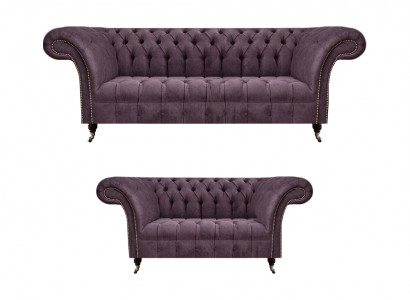 Komplett Chesterfield Lila Sëtzgarnitur 2x Sofas Drësëtzeger 2-Sëtzeger