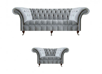 Komplett Gro Chesterfield Sëtzmiwwelen Edle Fauteuil 3-Sëtzer Canapé