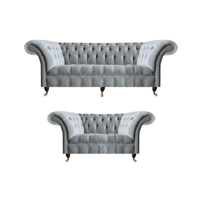Chesterfield hellgraue Polster Garnitur Designer 2x Textilsofaen 2-teileg