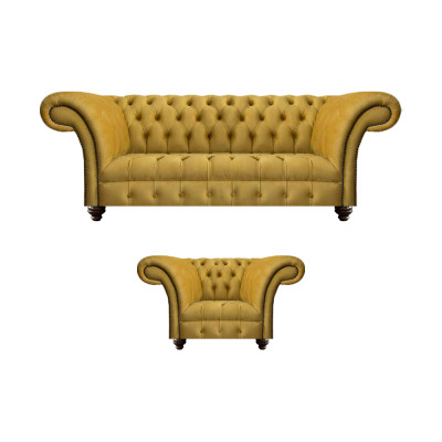 Luxuriéis Chesterfield giel Kanapé Textil Fotell Modernen 3-Sëtz 2-Stéck