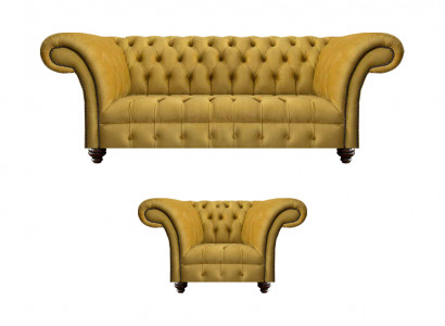 Luxuriéis Chesterfield giel Kanapé Textil Fotell Modernen 3-Sëtz 2-Stéck