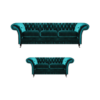 Gréng Chesterfield gepolstert Sofas Wunnzëmmer 2x Sofas Zweisëtzer 3-Sëtzer